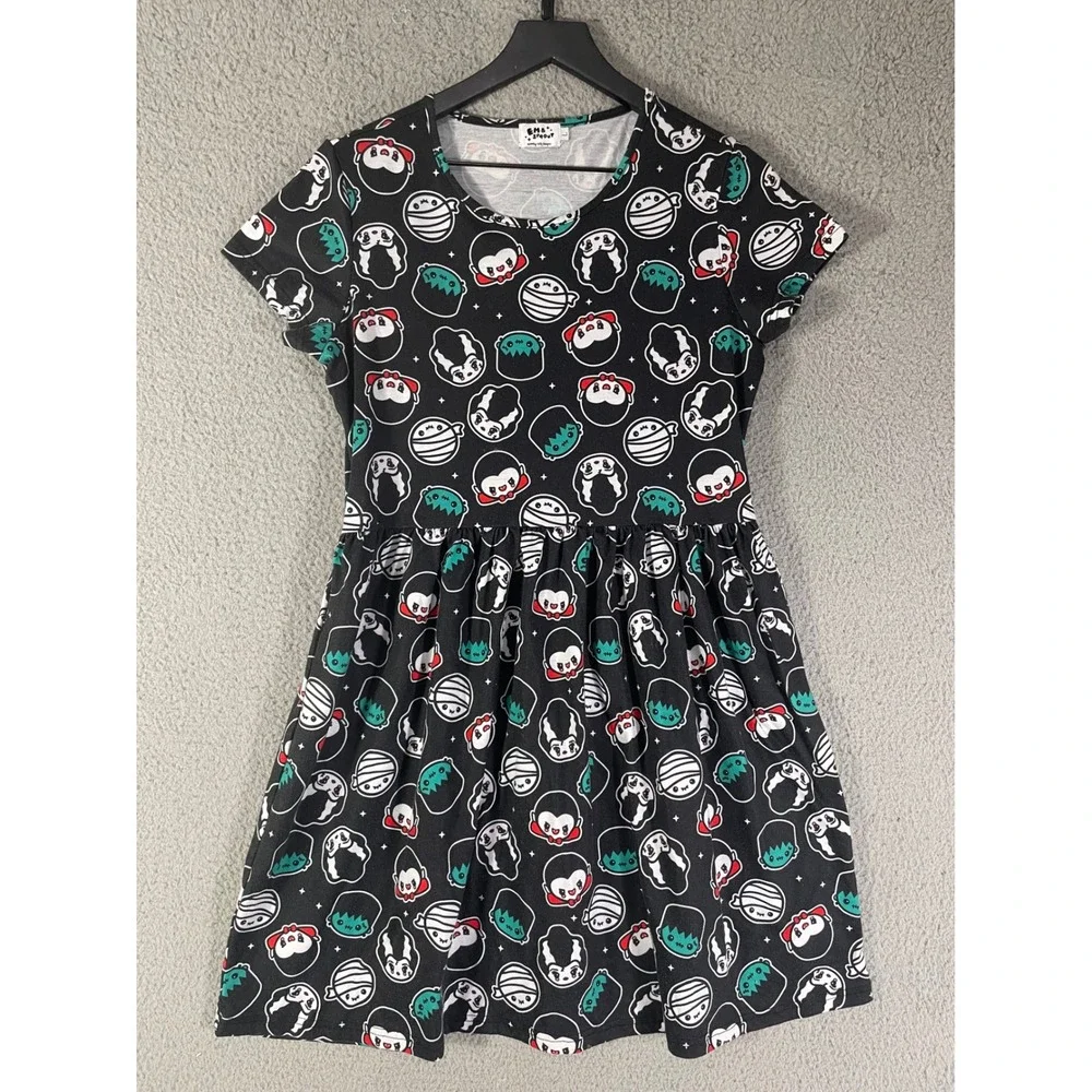 Em and Sprout Girls 10 12 Monster Print Black Skater Dress Halloween Kawaii